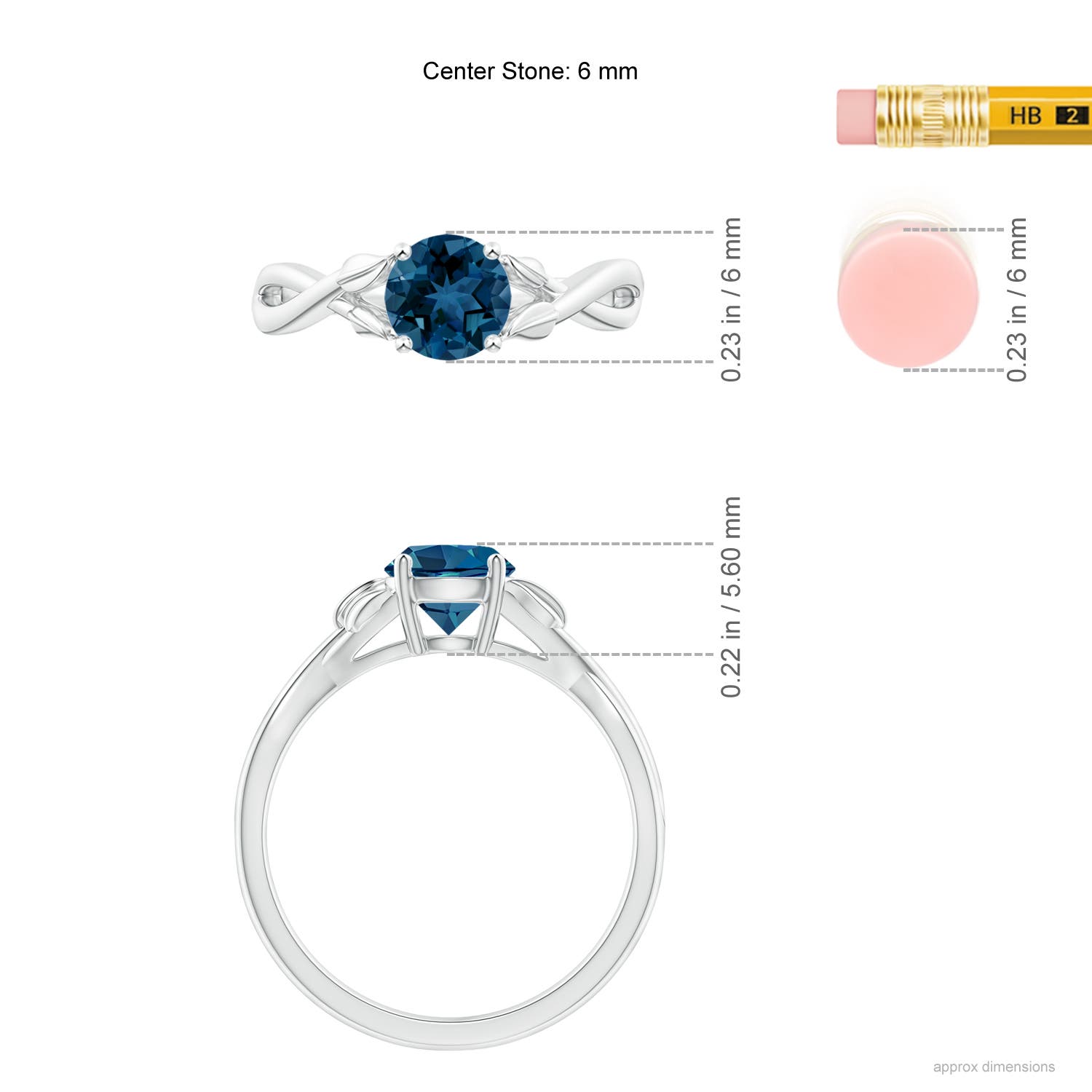 6mm AAA Nature Inspired London Blue Topaz Crossover Ring with Leaf Motifs in White Gold - ruler