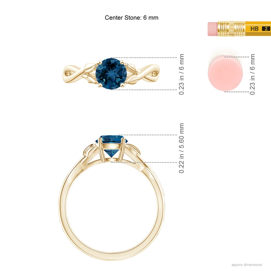 6mm AAA Nature Inspired London Blue Topaz Crossover Ring with Leaf Motifs in Yellow Gold ruler
