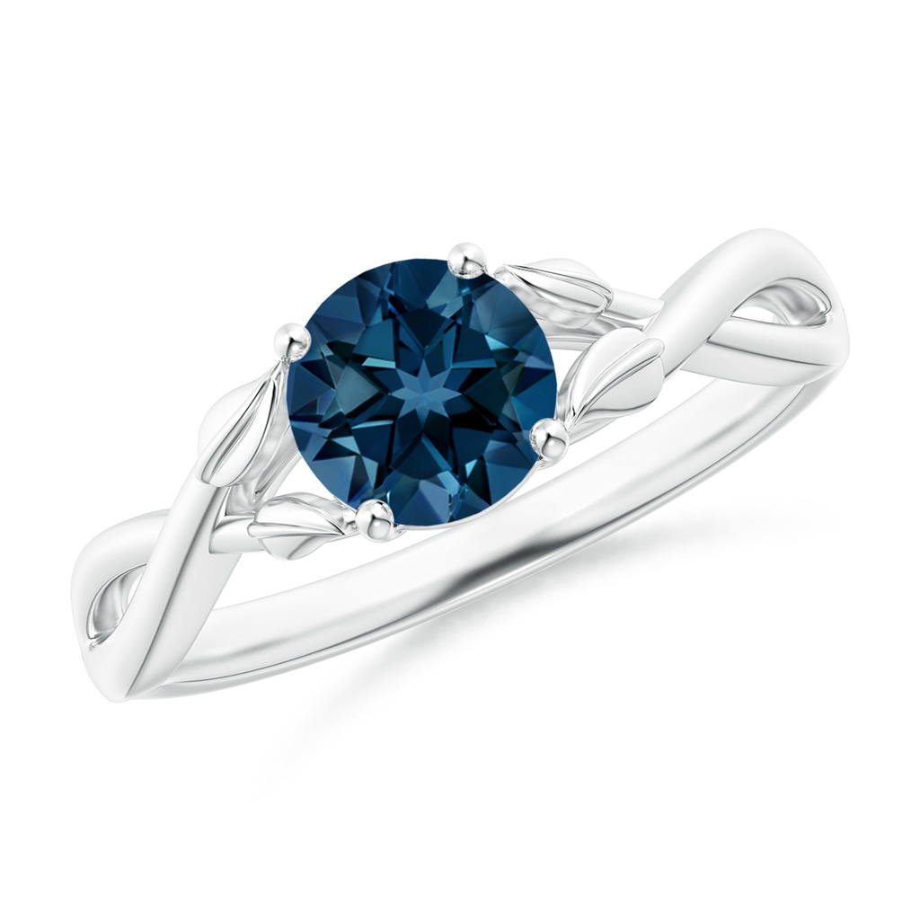 6mm AAAA Nature Inspired London Blue Topaz Crossover Ring with Leaf Motifs in 18K White Gold