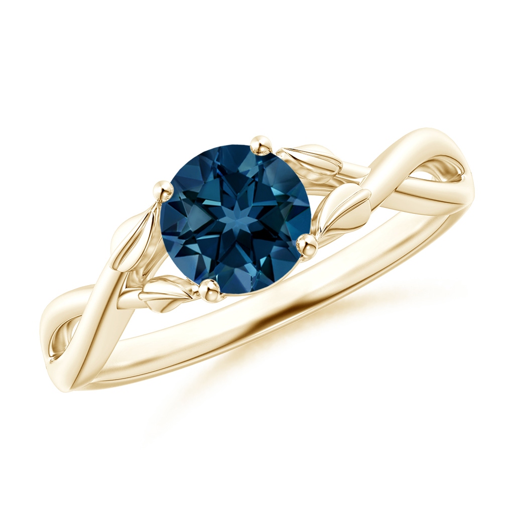 6mm AAAA Nature Inspired London Blue Topaz Crossover Ring with Leaf Motifs in 18K Yellow Gold