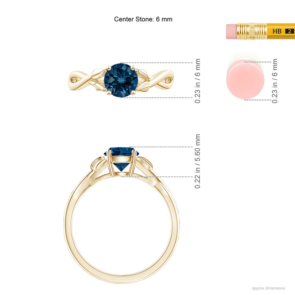 6mm AAAA Nature Inspired London Blue Topaz Crossover Ring with Leaf Motifs in 18K Yellow Gold ruler