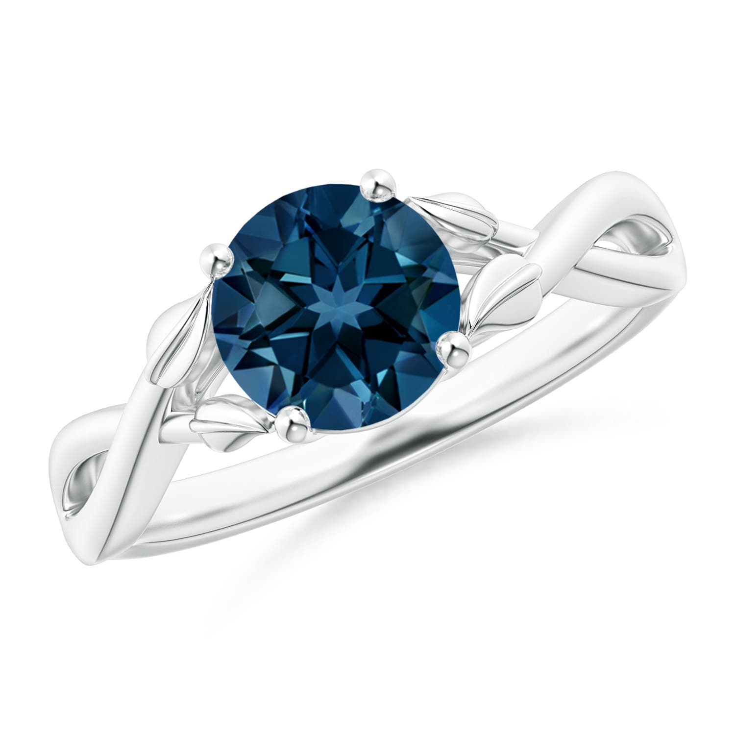 7mm AAAA Nature Inspired London Blue Topaz Crossover Ring with Leaf Motifs in P950 Platinum