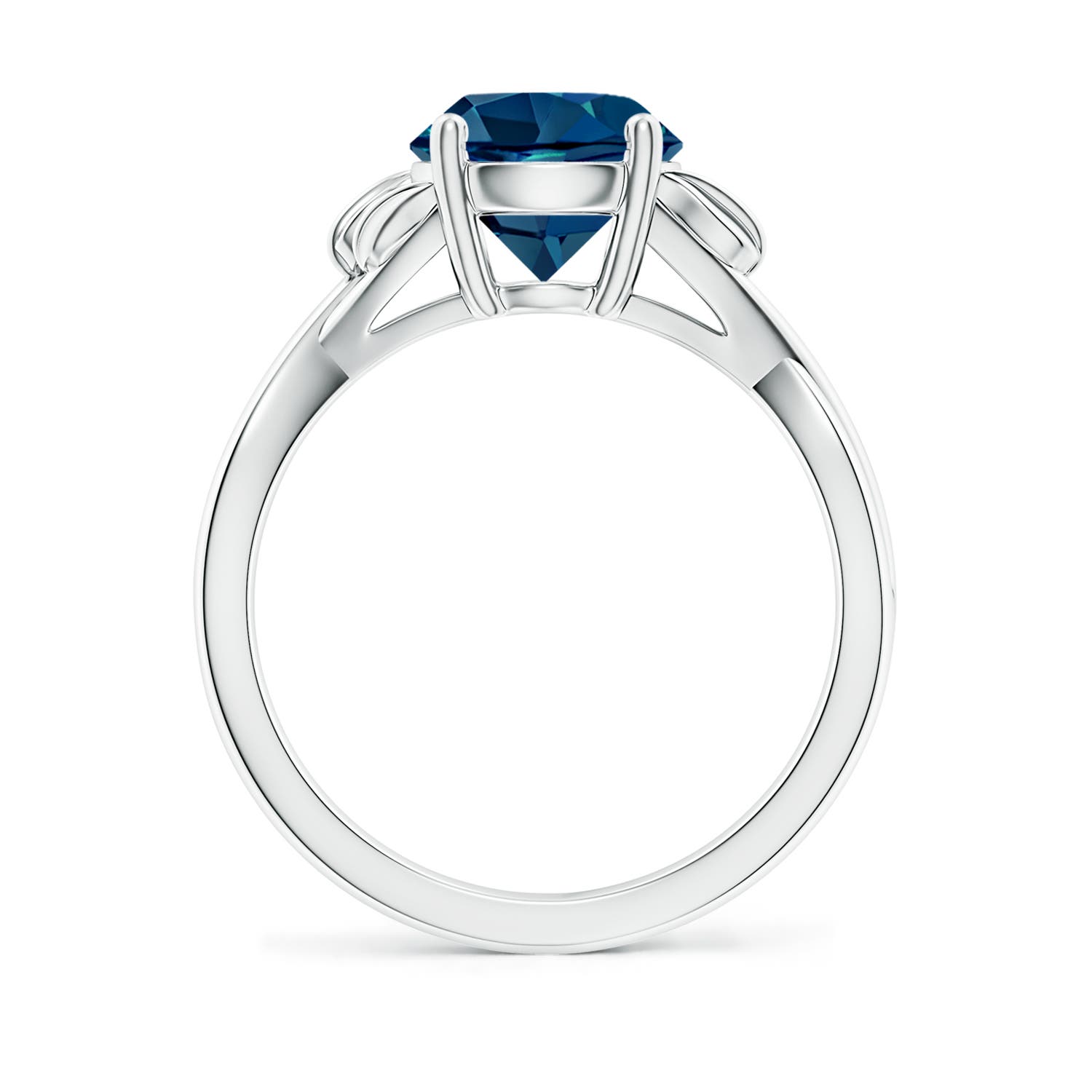 8mm AAAA Nature Inspired London Blue Topaz Crossover Ring with Leaf Motifs in 18K White Gold