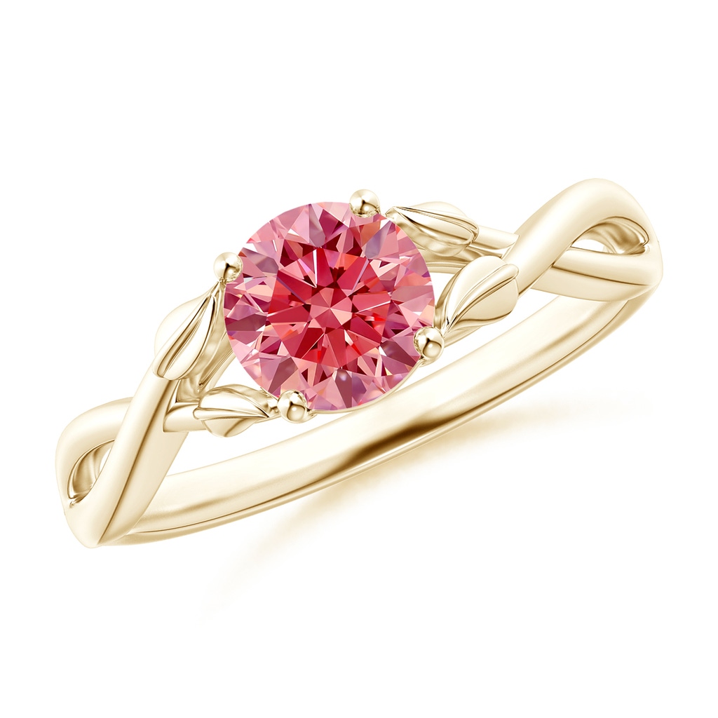 6.4mm AAAA Nature Inspired Fancy Intense Pink Diamond Crossover Ring with Leaf Motifs in Yellow Gold