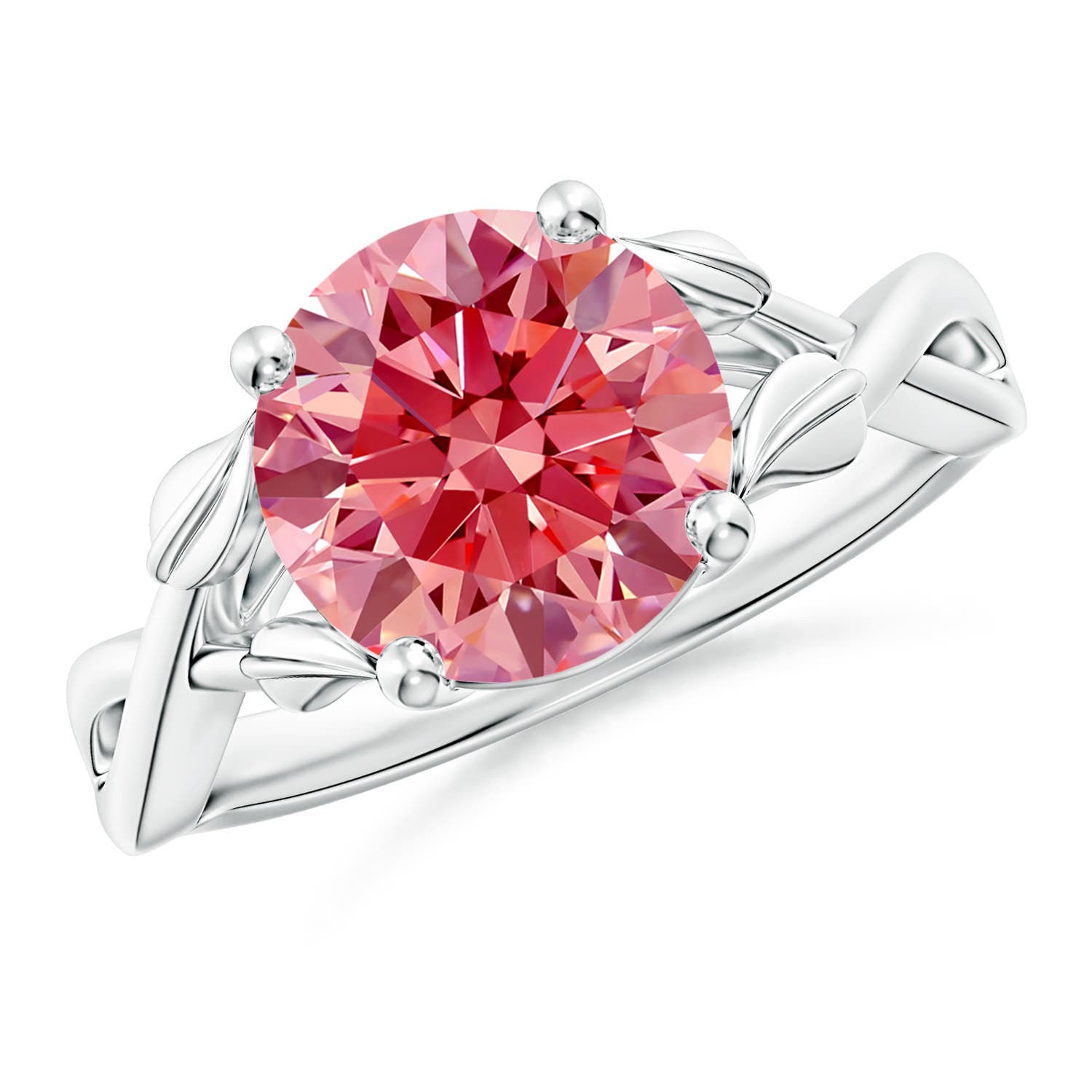 Angara 3.0 CTW Nature Inspired Fancy Intense Pink Diamond Crossover Engagement Ring with Leaf Motifs in 18K White Gold