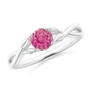 5mm AAA Nature Inspired Pink Sapphire Crossover Ring with Leaf Motifs in White Gold