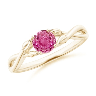 5mm AAA Nature Inspired Pink Sapphire Crossover Ring with Leaf Motifs in Yellow Gold