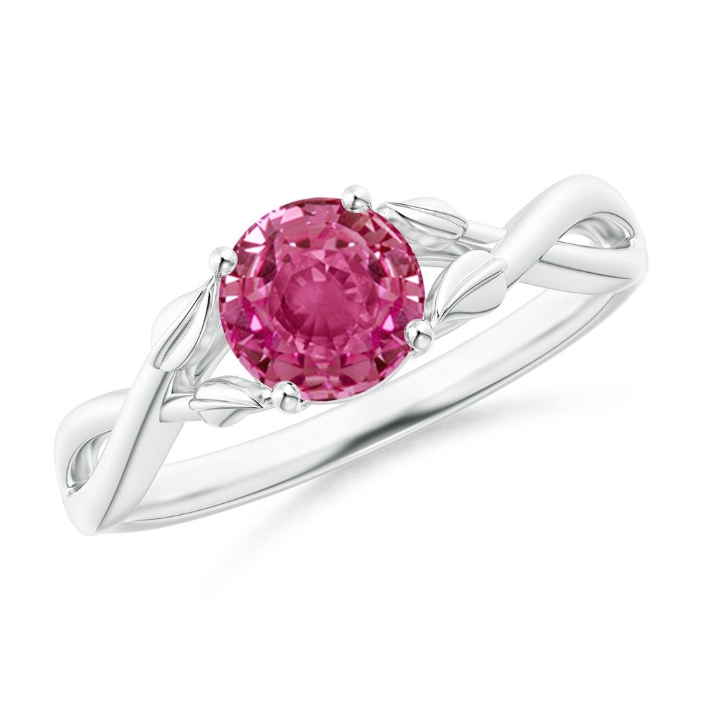 6mm AAAA Nature Inspired Pink Sapphire Crossover Ring with Leaf Motifs in White Gold