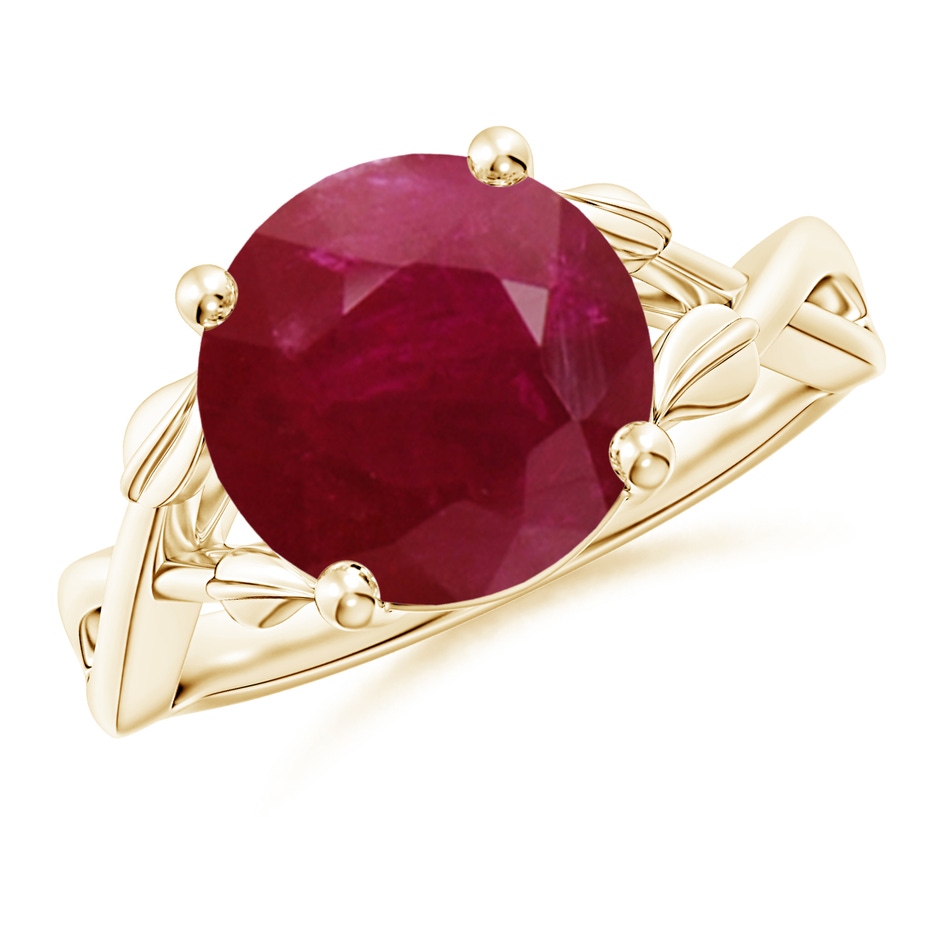 10mm A Nature Inspired Ruby Crossover Ring with Leaf Motifs in Yellow Gold 