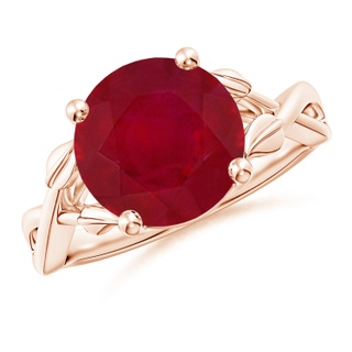 10mm AA Nature Inspired Ruby Crossover Ring with Leaf Motifs in 9K Rose Gold