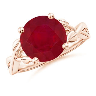 10mm AA Nature Inspired Ruby Crossover Ring with Leaf Motifs in Rose Gold