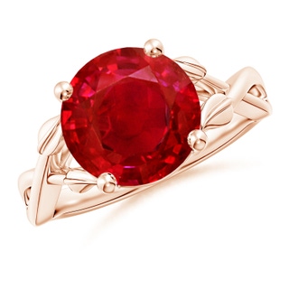 10mm AAA Nature Inspired Ruby Crossover Ring with Leaf Motifs in Rose Gold