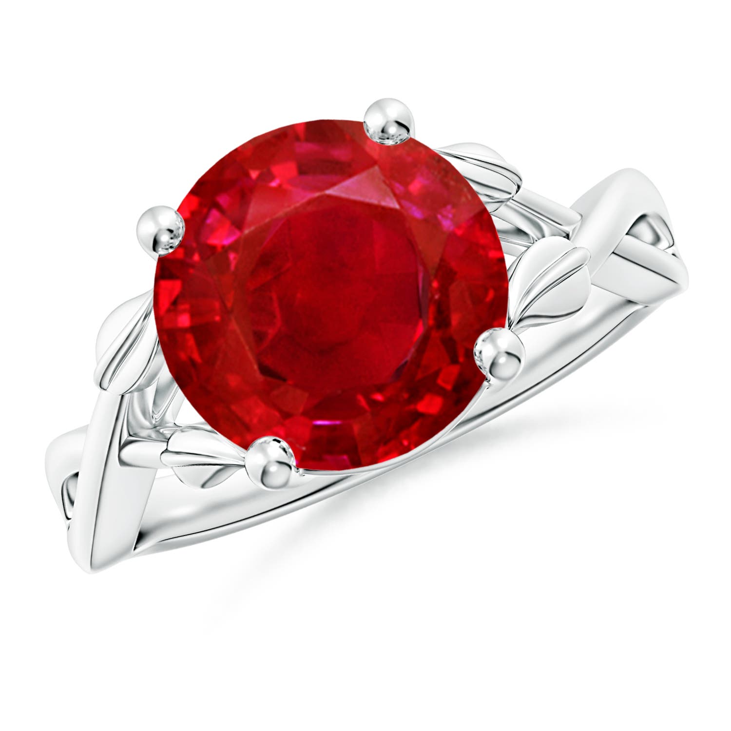 Angara 4.5 CTW Nature Inspired Ruby Crossover Engagement Ring with Leaf Motifs in 18K White Gold
