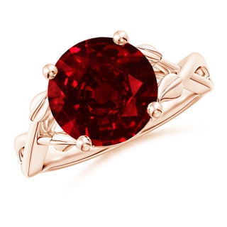 10mm AAAA Nature Inspired Ruby Crossover Ring with Leaf Motifs in Rose Gold