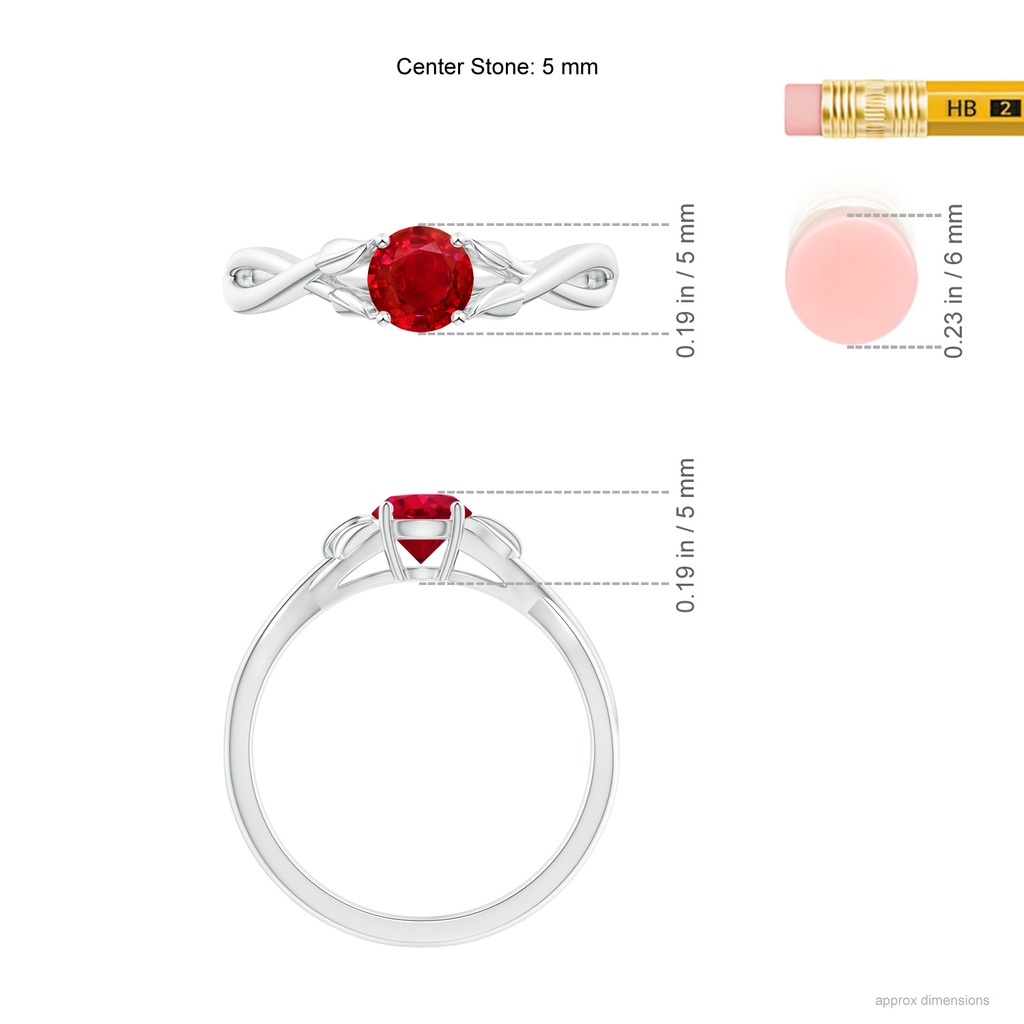 5mm AAA Nature Inspired Ruby Crossover Ring with Leaf Motifs in White Gold ruler