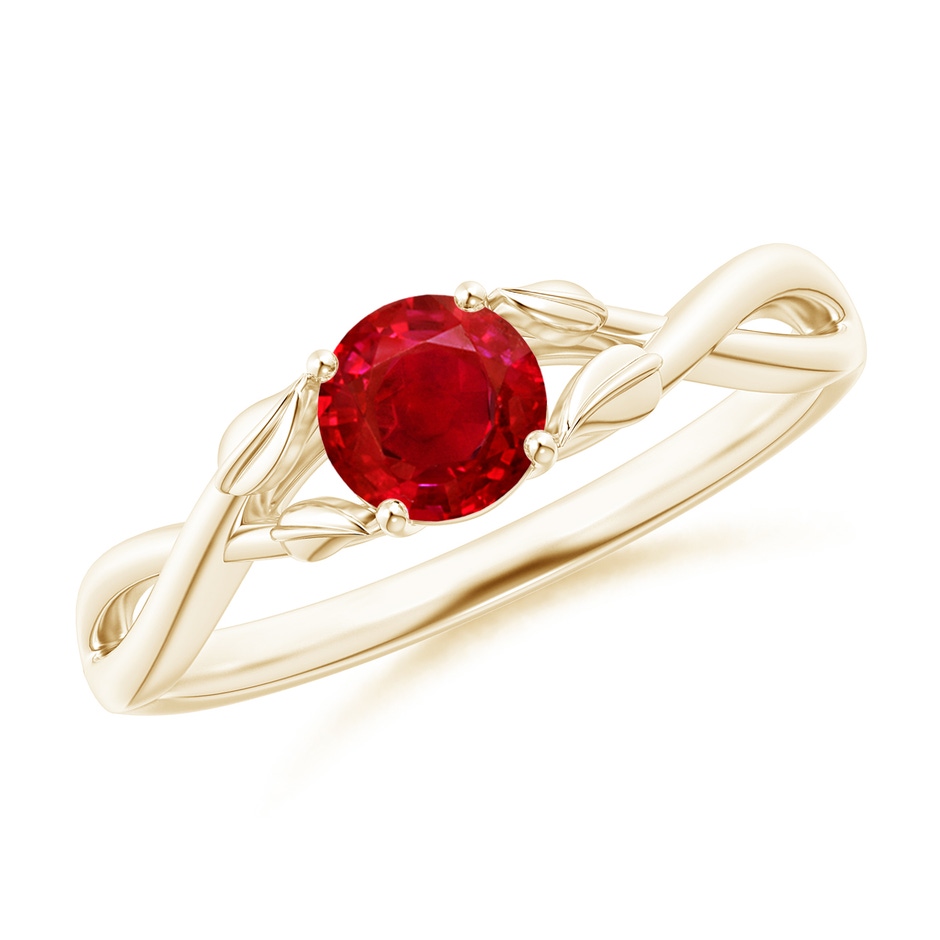 5mm AAA Nature Inspired Ruby Crossover Ring with Leaf Motifs in Yellow Gold 