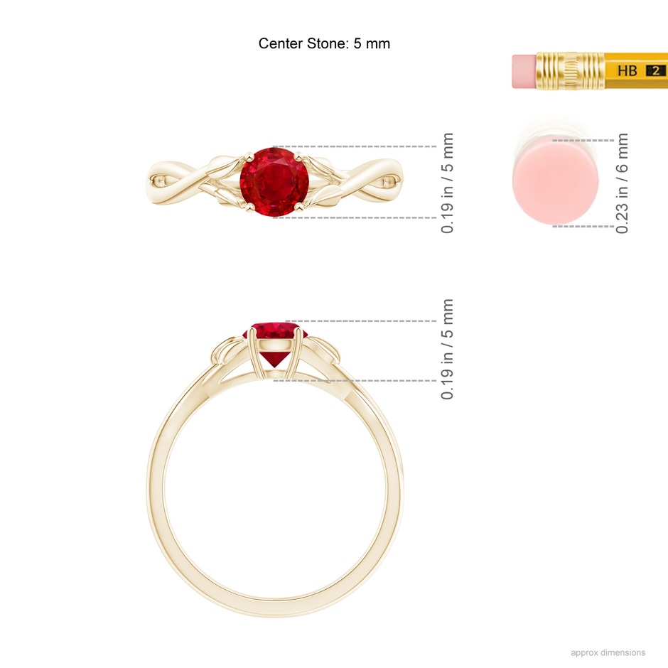 5mm AAA Nature Inspired Ruby Crossover Ring with Leaf Motifs in Yellow Gold ruler