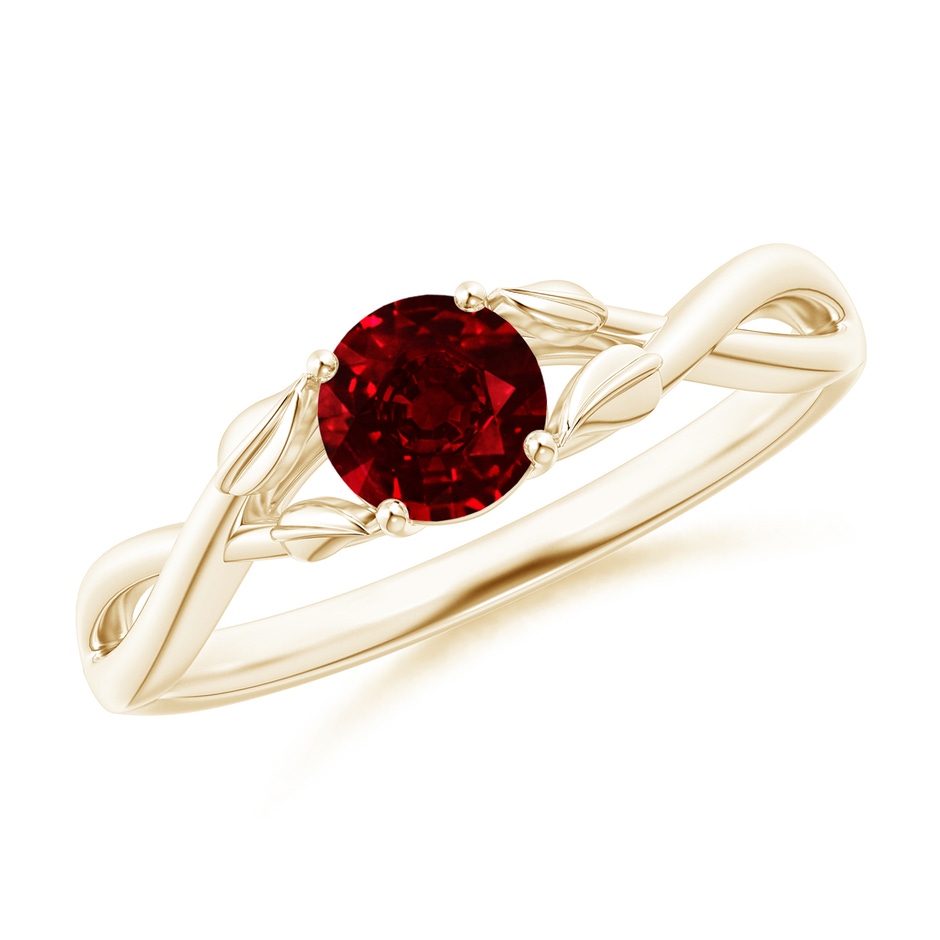 5mm AAAA Nature Inspired Ruby Crossover Ring with Leaf Motifs in Yellow Gold 