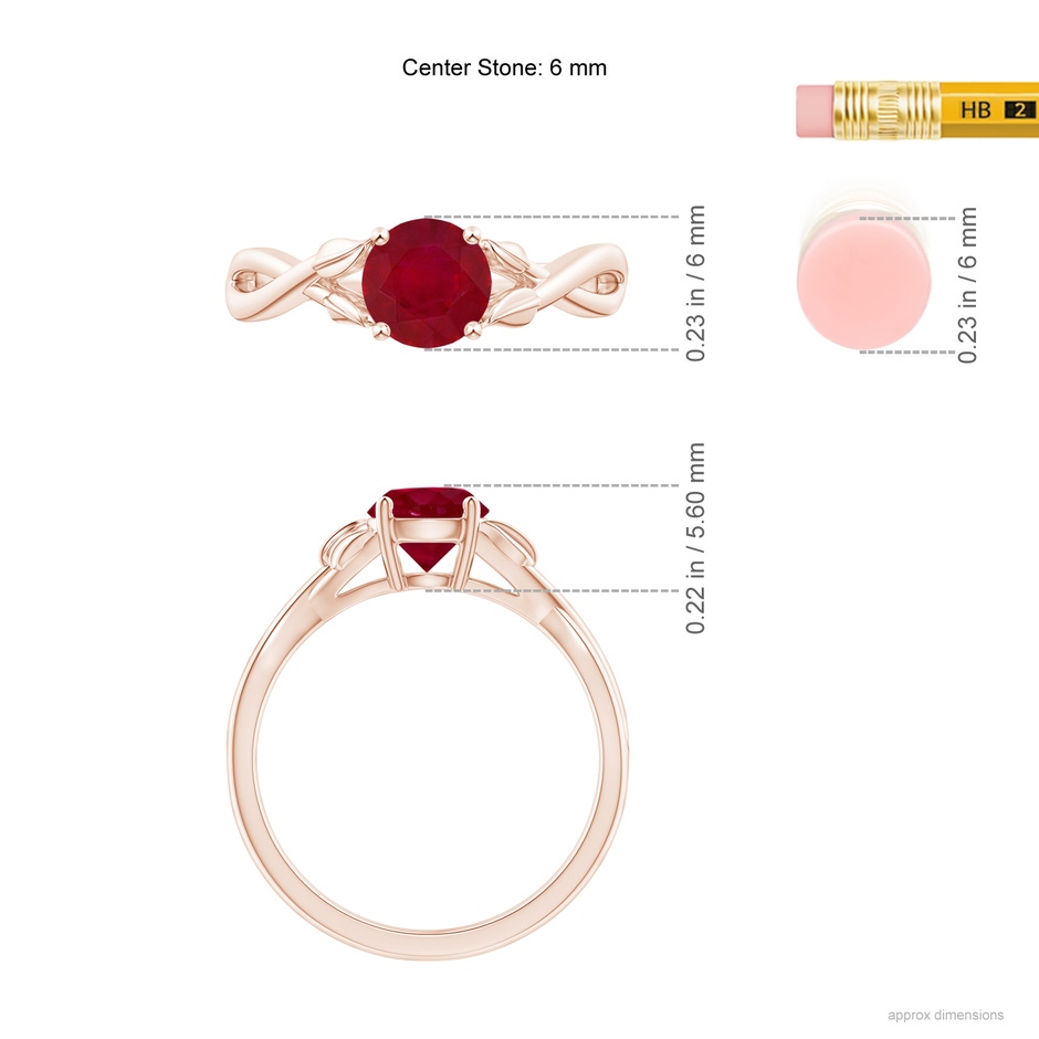 6mm AA Nature Inspired Ruby Crossover Ring with Leaf Motifs in Rose Gold ruler