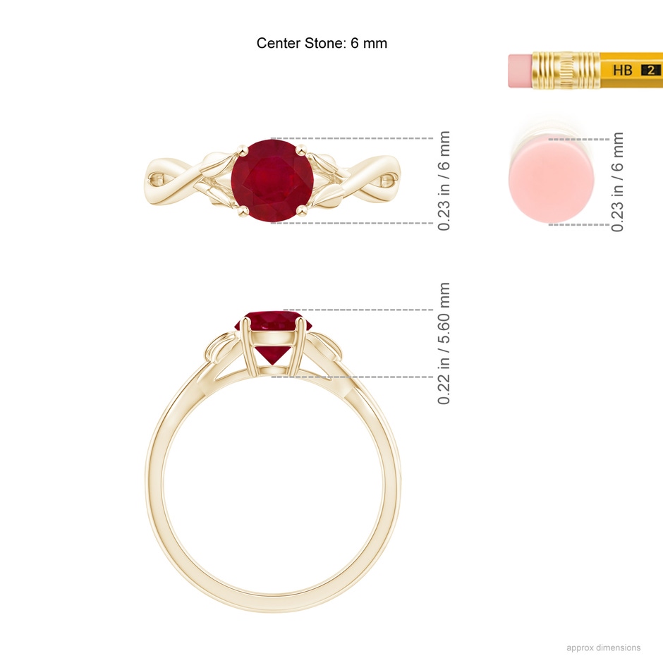 6mm AA Nature Inspired Ruby Crossover Ring with Leaf Motifs in Yellow Gold ruler