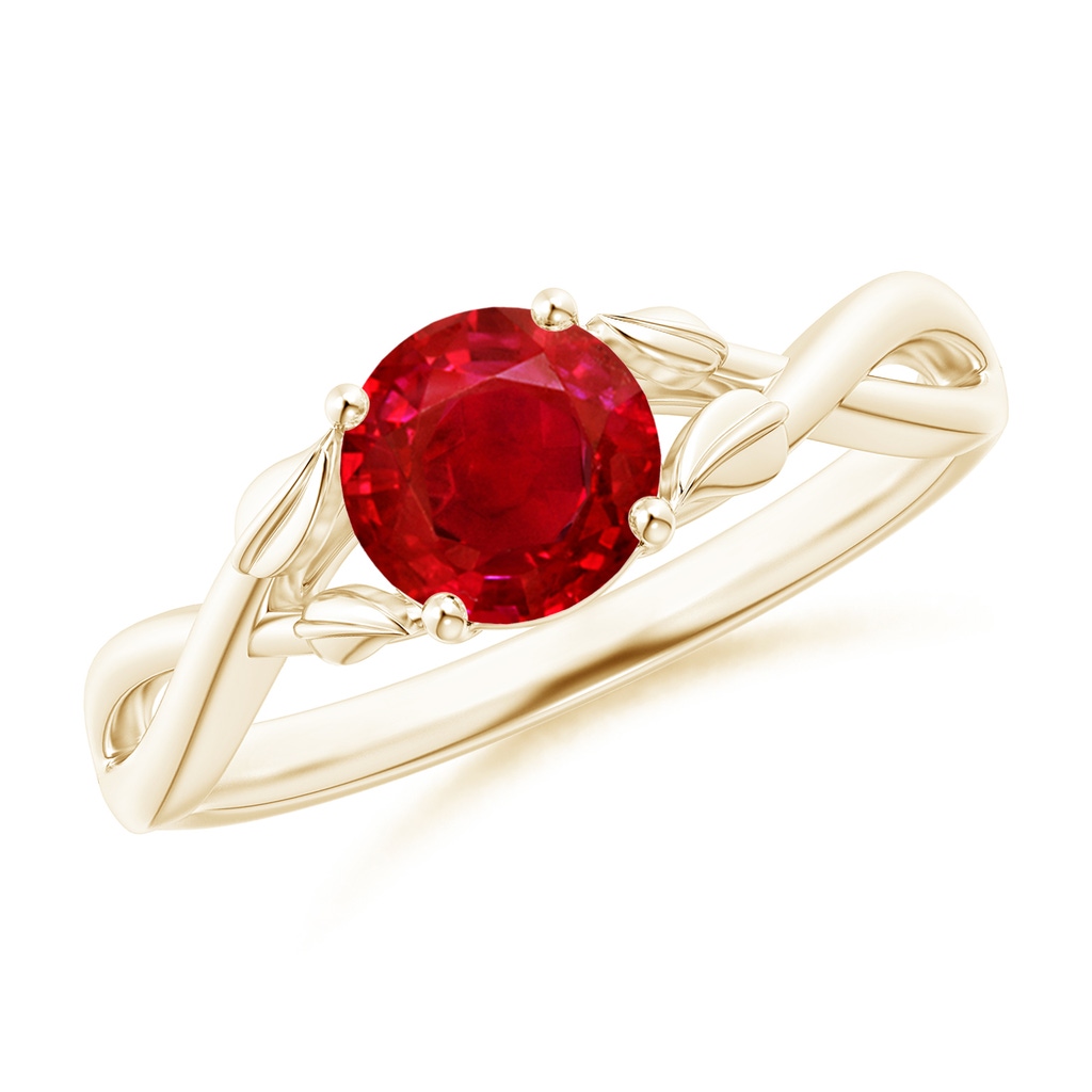 6mm AAA Nature Inspired Ruby Crossover Ring with Leaf Motifs in Yellow Gold