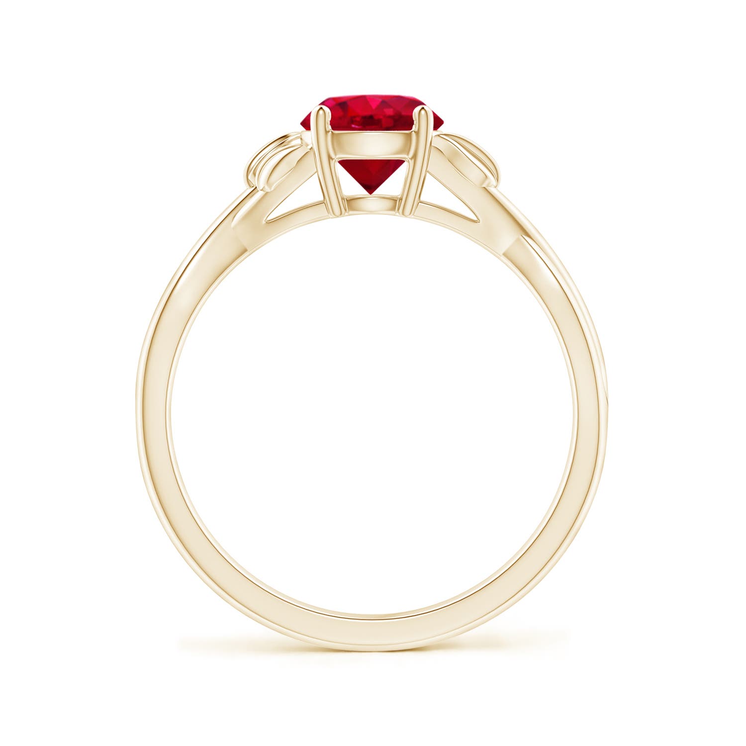 6mm AAA Nature Inspired Ruby Crossover Ring with Leaf Motifs in Yellow Gold - side 2