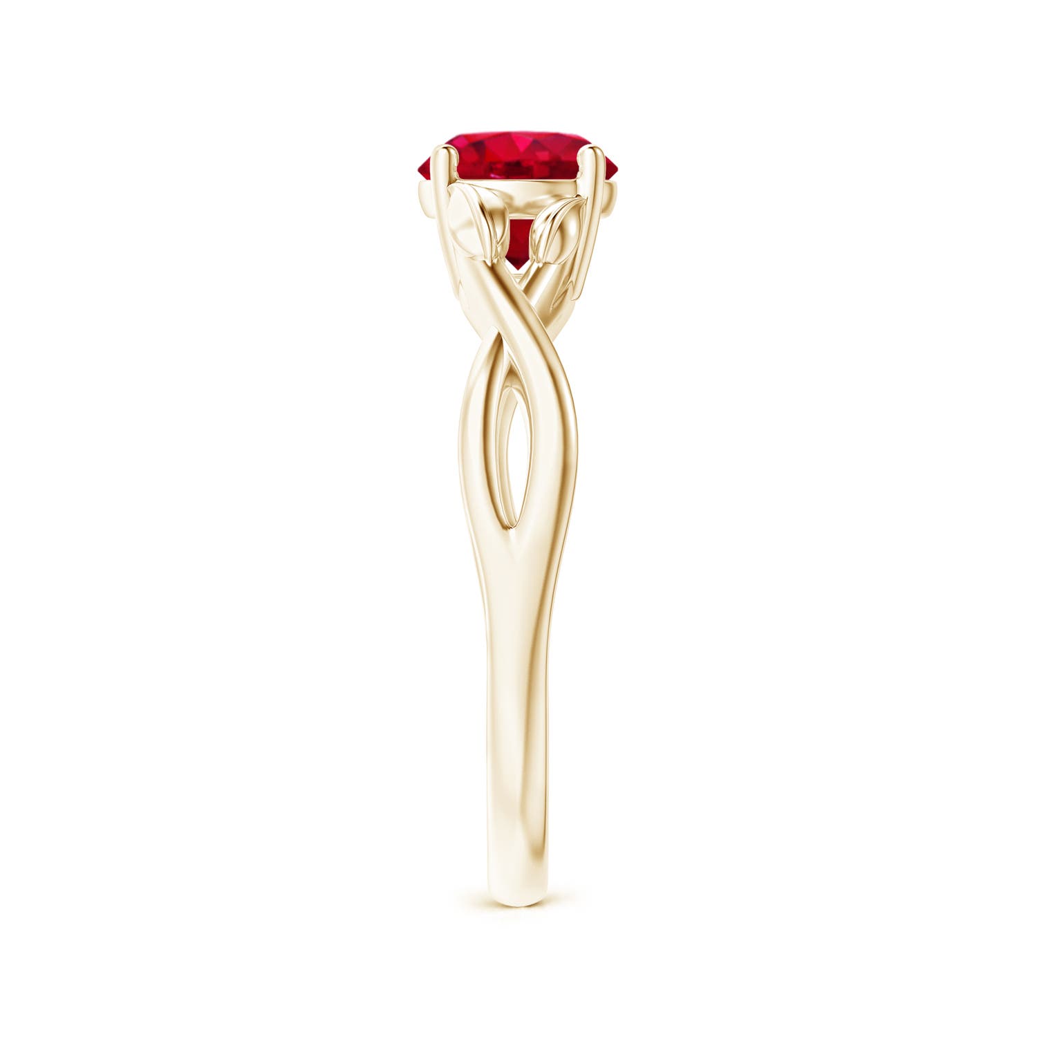 6mm AAA Nature Inspired Ruby Crossover Ring with Leaf Motifs in Yellow Gold - side 3