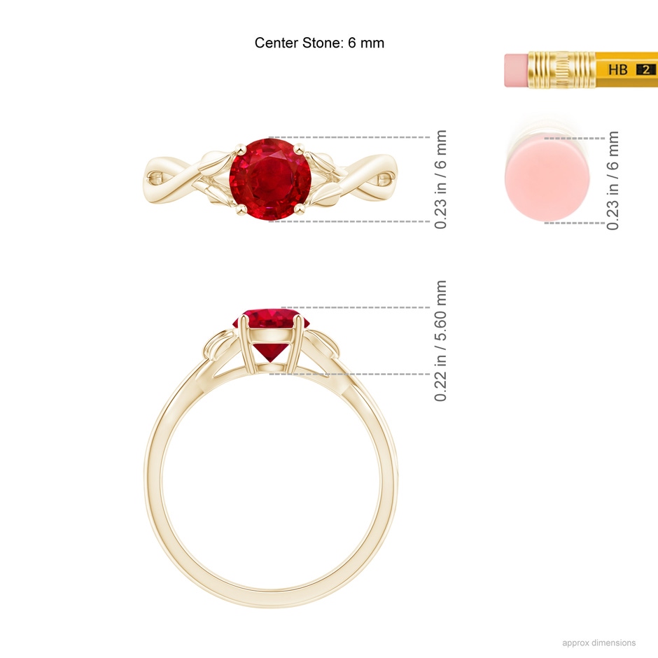 6mm AAA Nature Inspired Ruby Crossover Ring with Leaf Motifs in Yellow Gold ruler