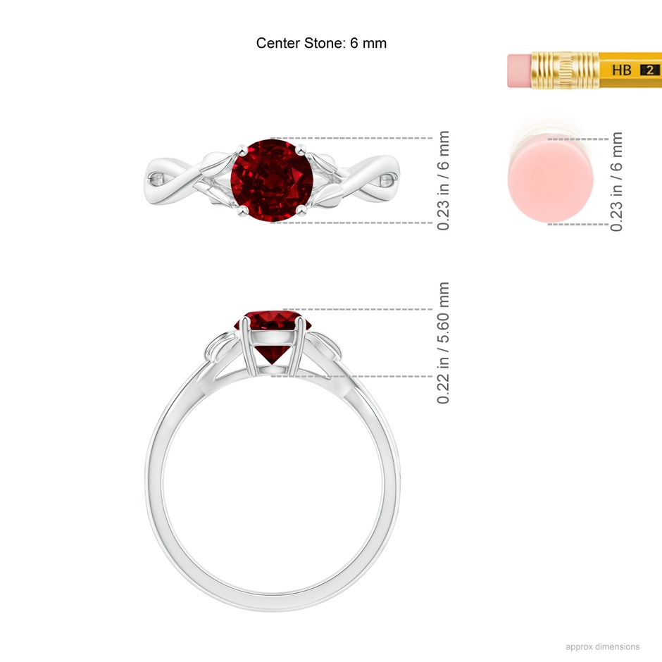 6mm AAAA Nature Inspired Ruby Crossover Ring with Leaf Motifs in White Gold ruler