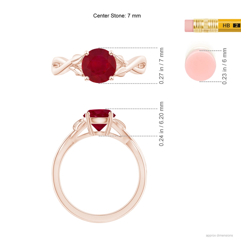 7mm AA Nature Inspired Ruby Crossover Ring with Leaf Motifs in Rose Gold ruler