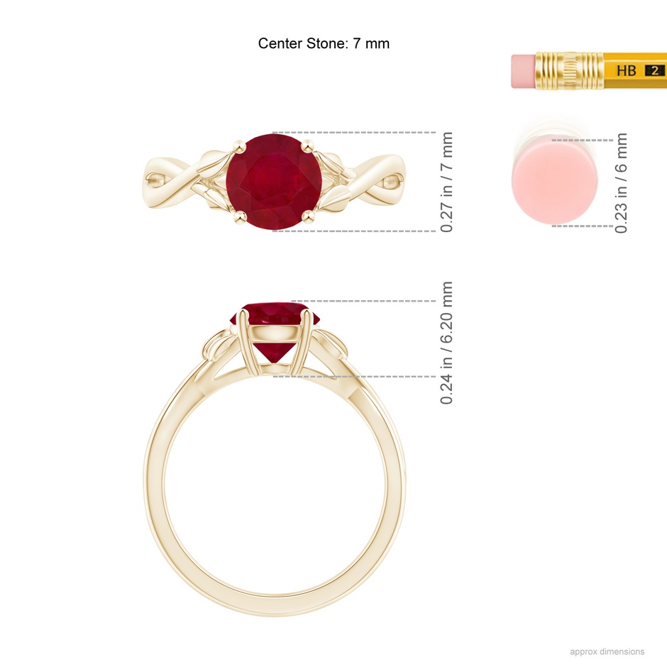 7mm AA Nature Inspired Ruby Crossover Ring with Leaf Motifs in Yellow Gold ruler