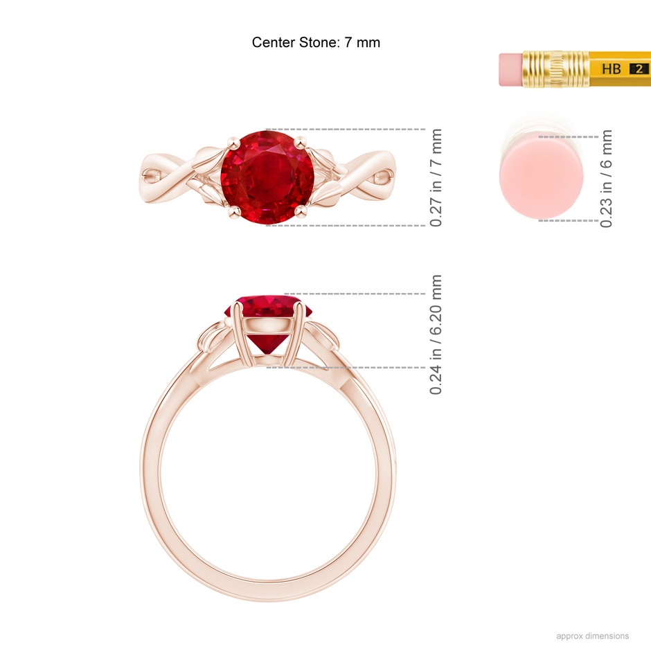 7mm AAA Nature Inspired Ruby Crossover Ring with Leaf Motifs in Rose Gold ruler