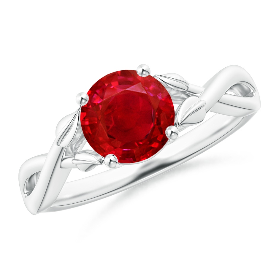 7mm AAA Nature Inspired Ruby Crossover Ring with Leaf Motifs in White Gold 