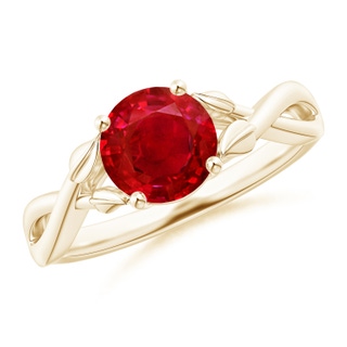 7mm AAA Nature Inspired Ruby Crossover Ring with Leaf Motifs in Yellow Gold