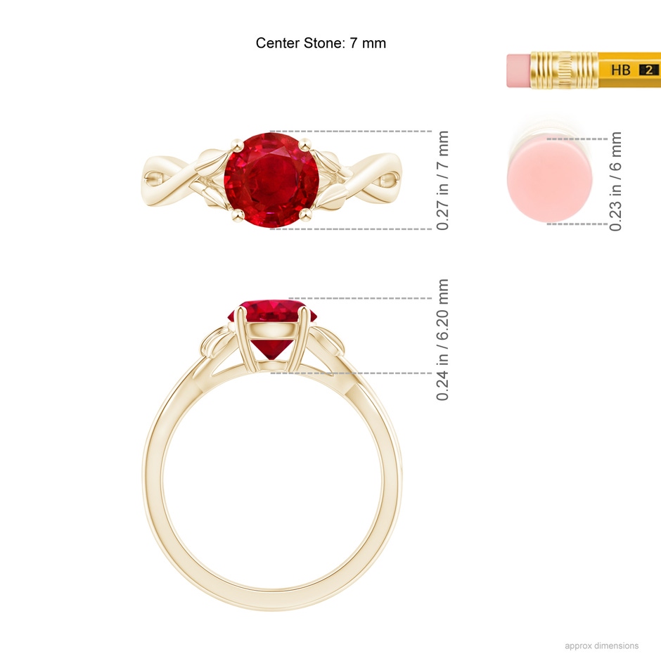 7mm AAA Nature Inspired Ruby Crossover Ring with Leaf Motifs in Yellow Gold ruler