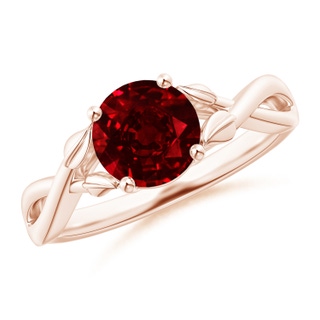 7mm AAAA Nature Inspired Ruby Crossover Ring with Leaf Motifs in Rose Gold