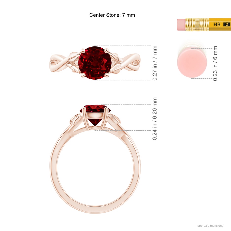 7mm AAAA Nature Inspired Ruby Crossover Ring with Leaf Motifs in Rose Gold ruler