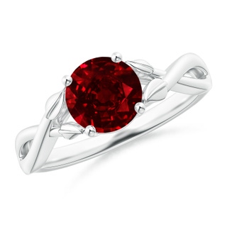 7mm AAAA Nature Inspired Ruby Crossover Ring with Leaf Motifs in White Gold