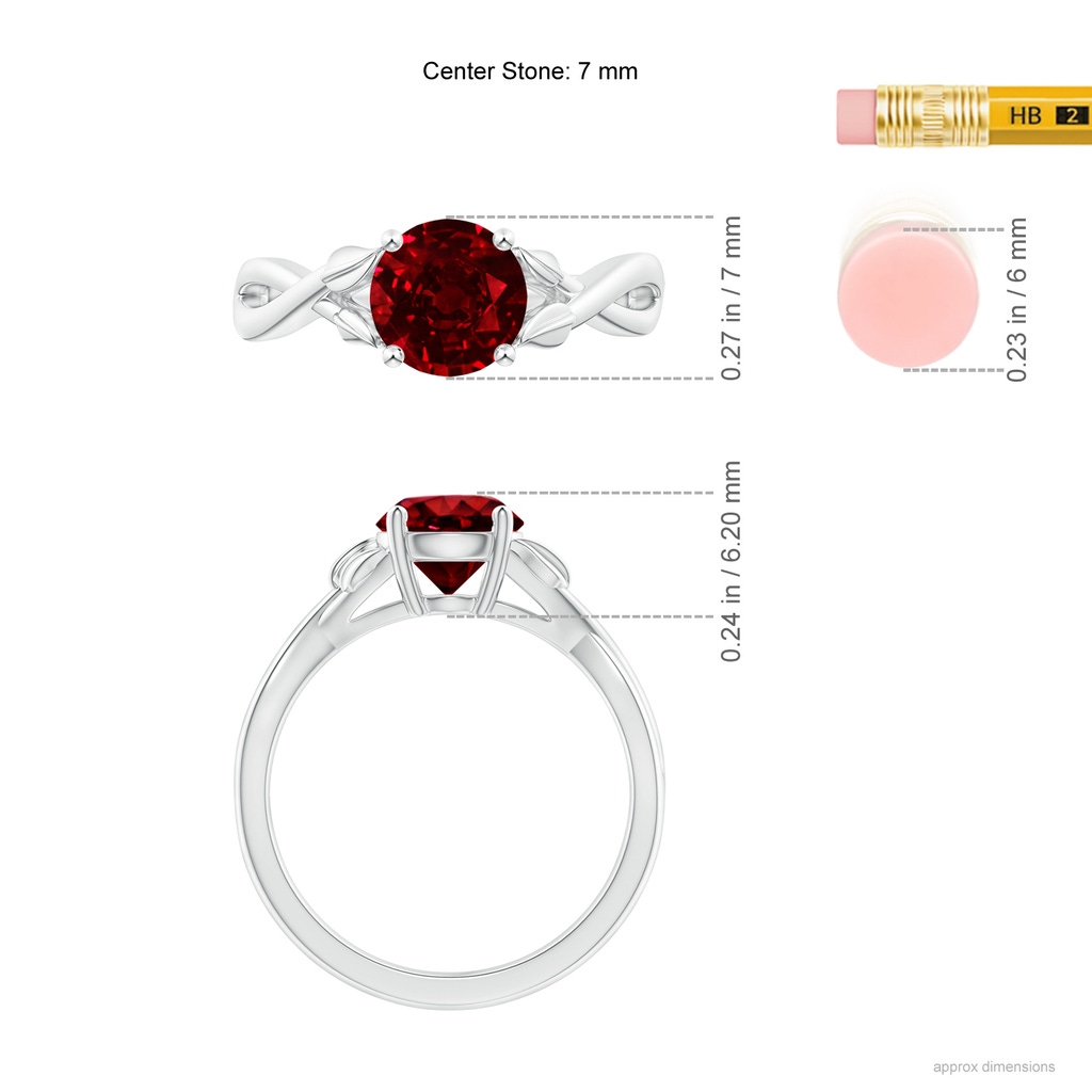 7mm AAAA Nature Inspired Ruby Crossover Ring with Leaf Motifs in White Gold ruler