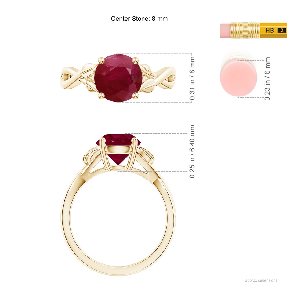 8mm A Nature Inspired Ruby Crossover Ring with Leaf Motifs in Yellow Gold ruler