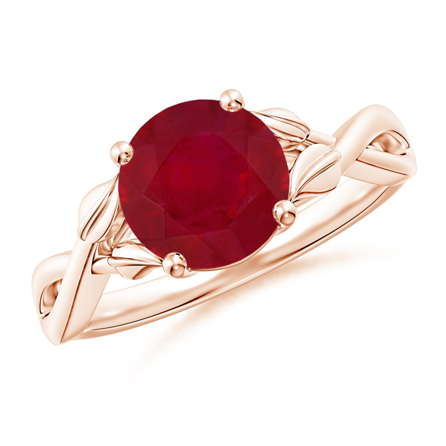8mm AA Nature Inspired Ruby Crossover Ring with Leaf Motifs in Rose Gold