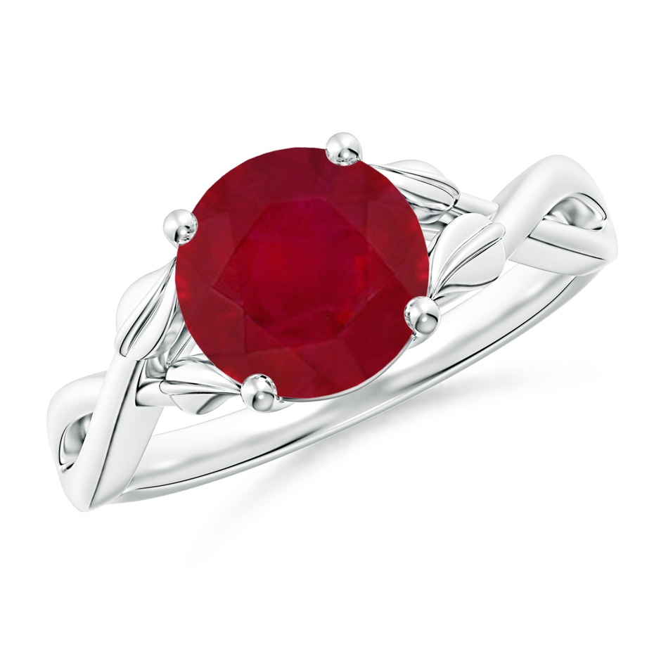 8mm AA Nature Inspired Ruby Crossover Ring with Leaf Motifs in White Gold 