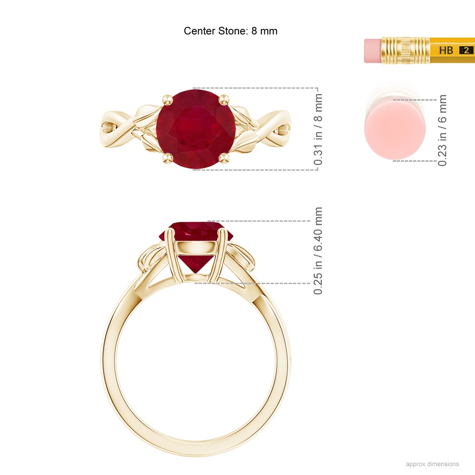 8mm AA Nature Inspired Ruby Crossover Ring with Leaf Motifs in Yellow Gold ruler