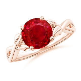 8mm AAA Nature Inspired Ruby Crossover Ring with Leaf Motifs in Rose Gold