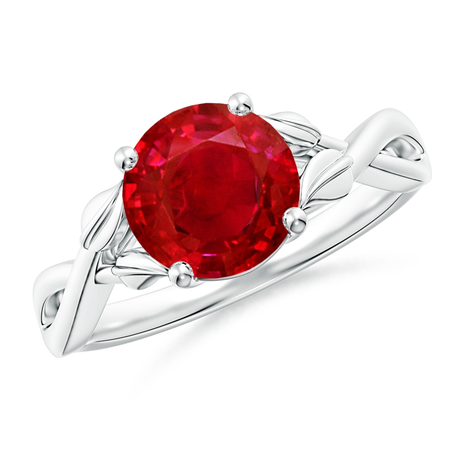 8mm AAA Nature Inspired Ruby Crossover Ring with Leaf Motifs in White Gold 