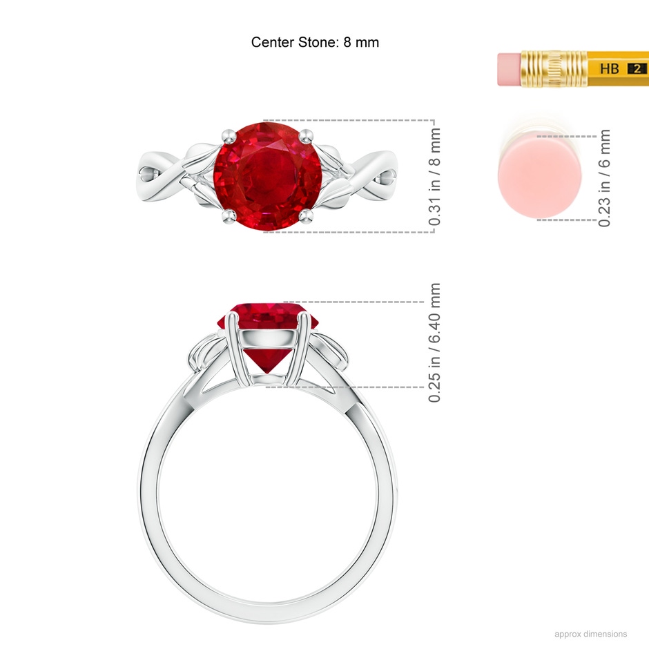 8mm AAA Nature Inspired Ruby Crossover Ring with Leaf Motifs in White Gold ruler