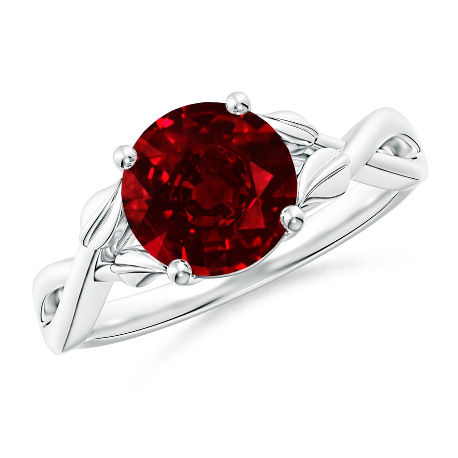 8mm AAAA Nature Inspired Ruby Crossover Ring with Leaf Motifs in P950 Platinum 