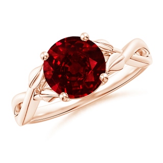 8mm AAAA Nature Inspired Ruby Crossover Ring with Leaf Motifs in Rose Gold