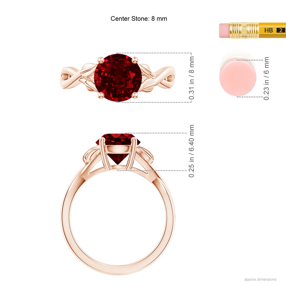 8mm AAAA Nature Inspired Ruby Crossover Ring with Leaf Motifs in Rose Gold ruler