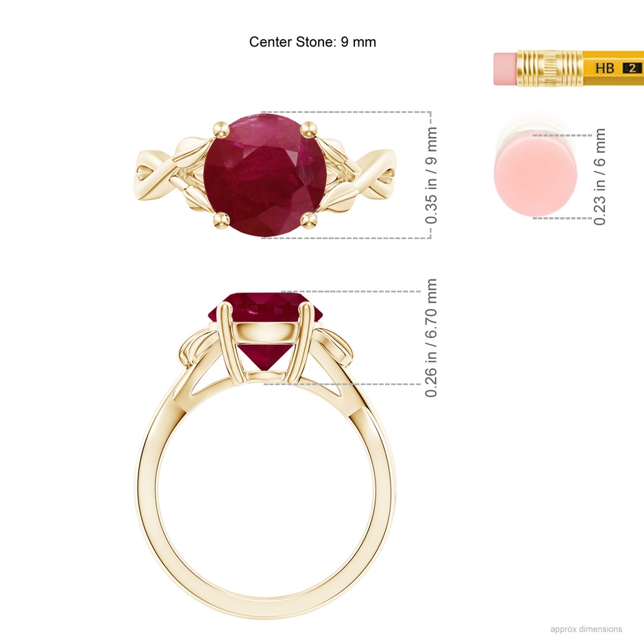 9mm A Nature Inspired Ruby Crossover Ring with Leaf Motifs in Yellow Gold ruler